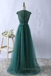 Green Semi Formal Prom Dresses Scoop Tulle & Lace With Sash A Line Sweep Train Floor Length Elegant